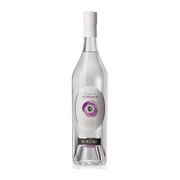 Rovero Nativa Grappa di Gavi clear spirit bottle with white cap featuring circular label with blue swirl design on white background